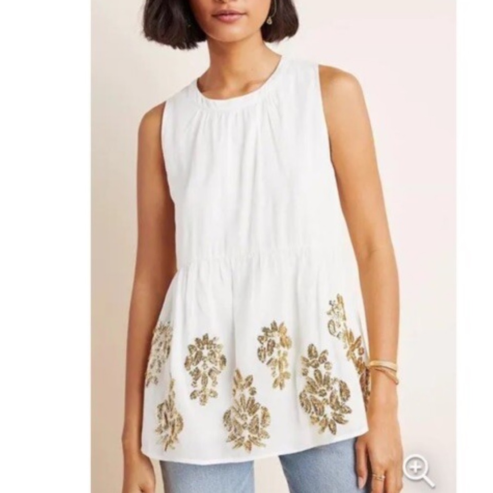 Anthropologie Maeve Simona Cream and Gold Sequin Embellished Blouse Size S